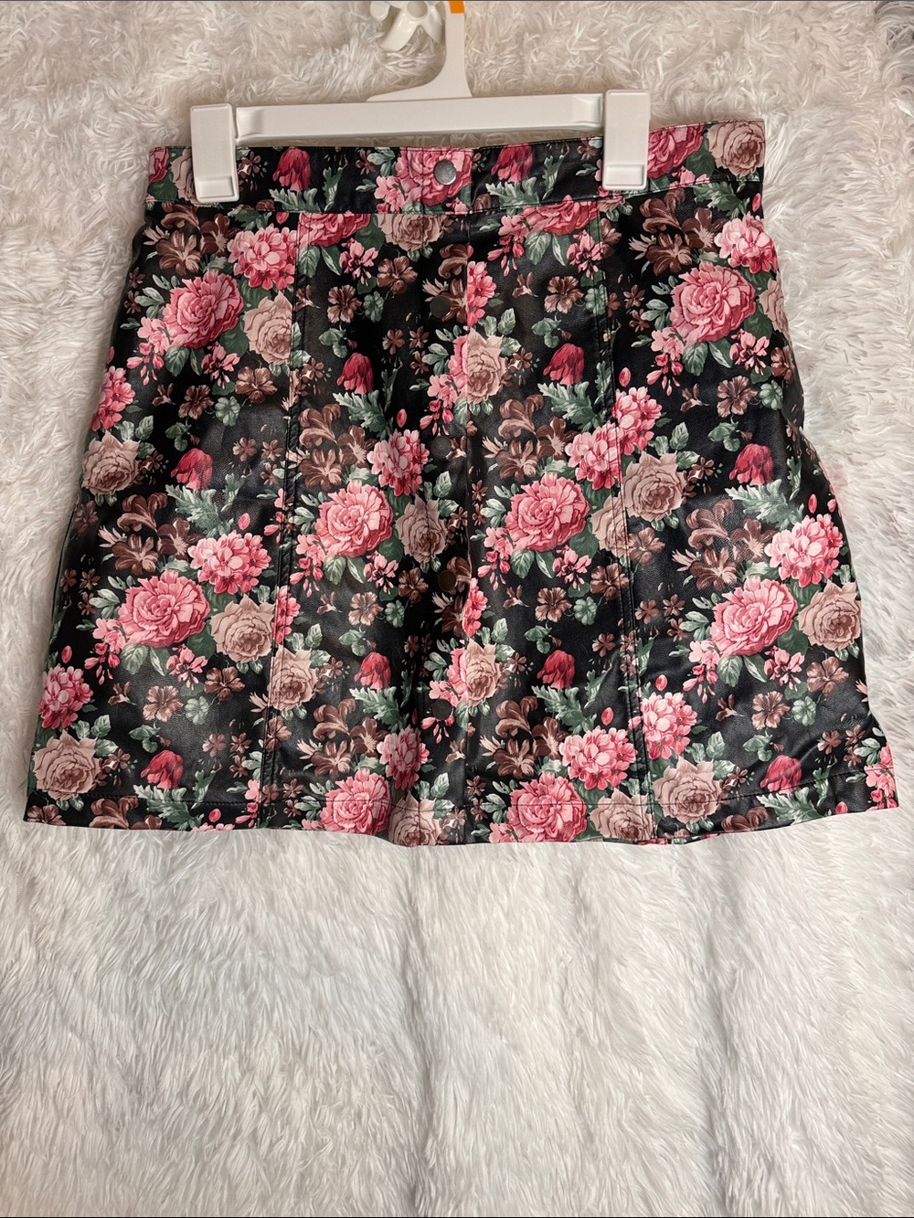 Modcloth Black Floral Mini Skirt with Pink Roses Faux Leather